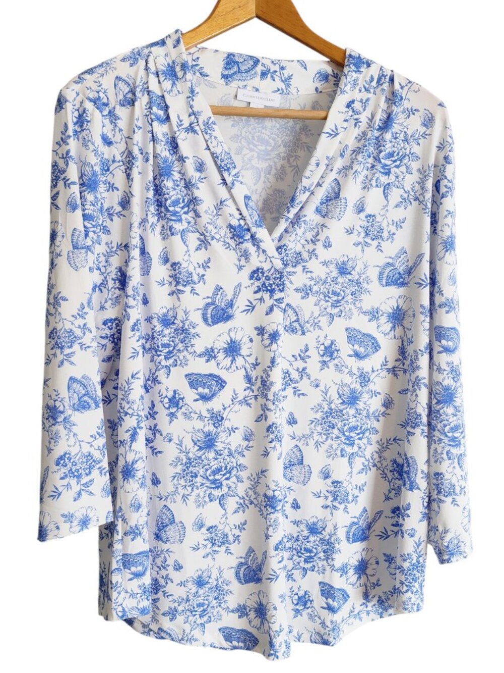 Charter Club L Mid Sleeve Blouse Top White Blue